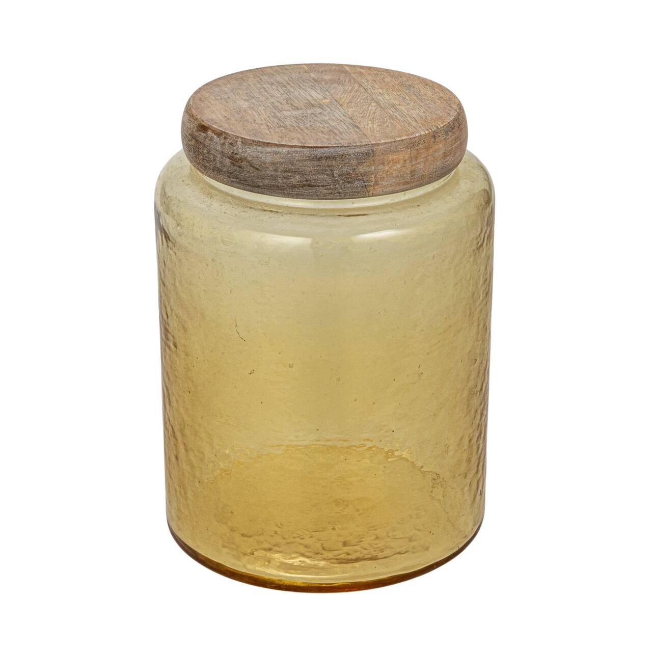 Hello Honey® Yellow & Whitewash Hammered Glass Jar with Mango Wood Lid